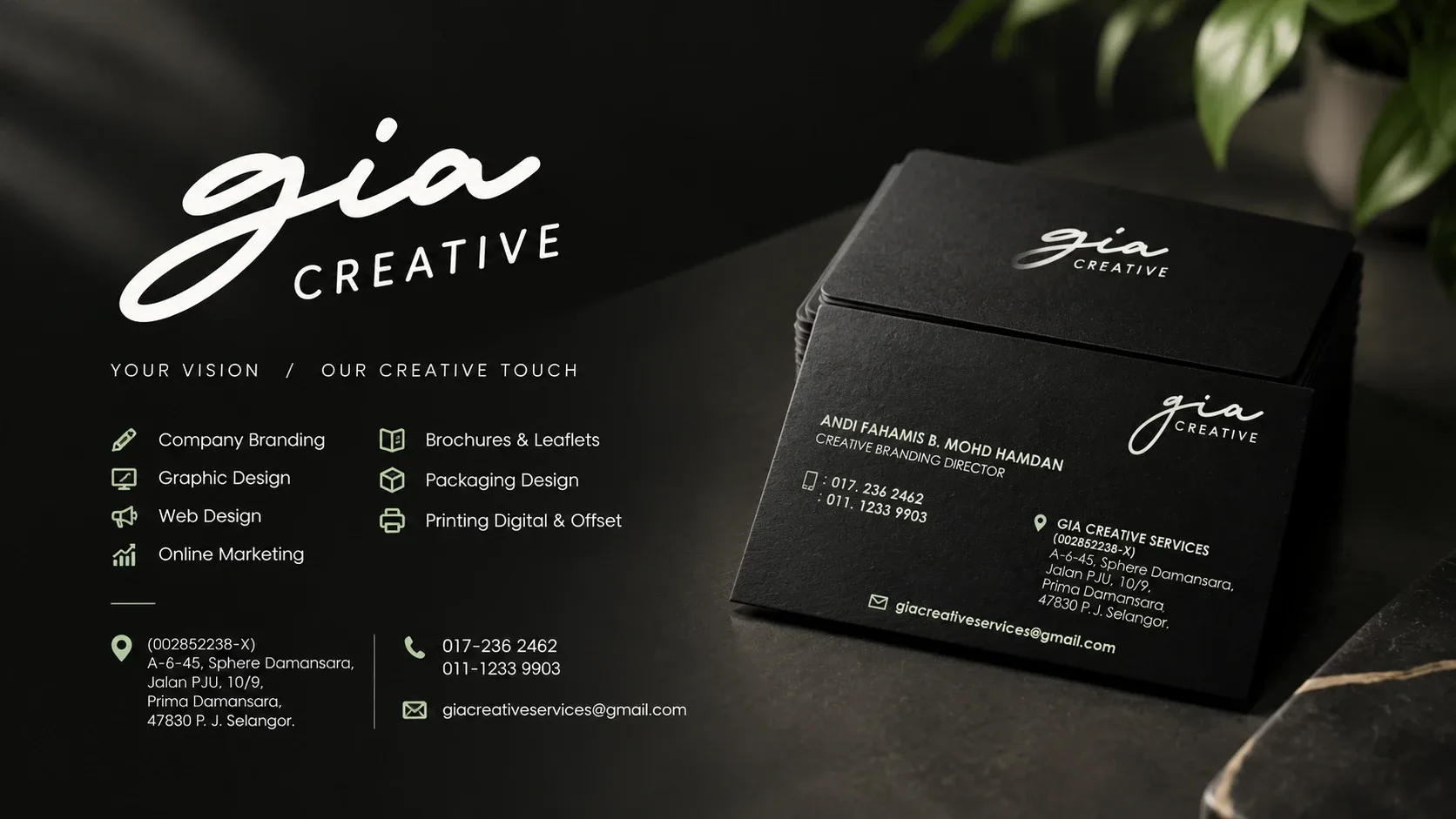 GIA Creative black business cards with white logo